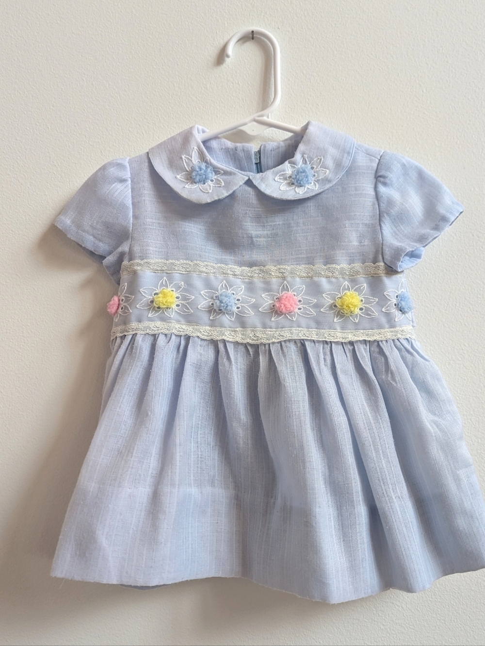 Vtg Dress Baby Girls 9-12m Light Blue Pom Pom Easter Spring